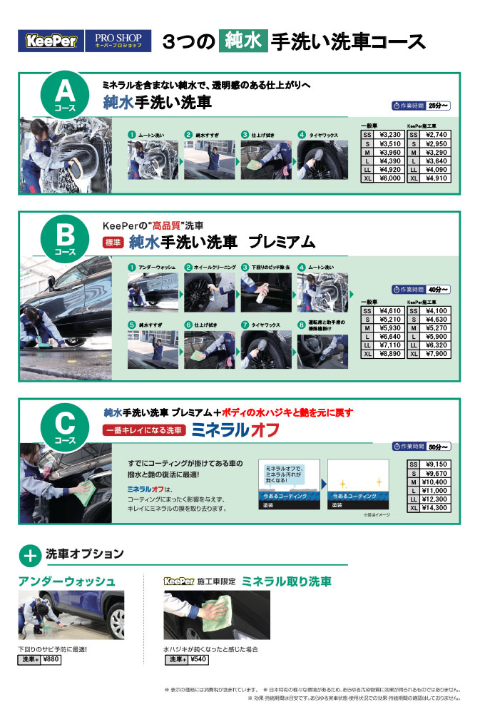 メニュー一覧(純水手洗い洗車)